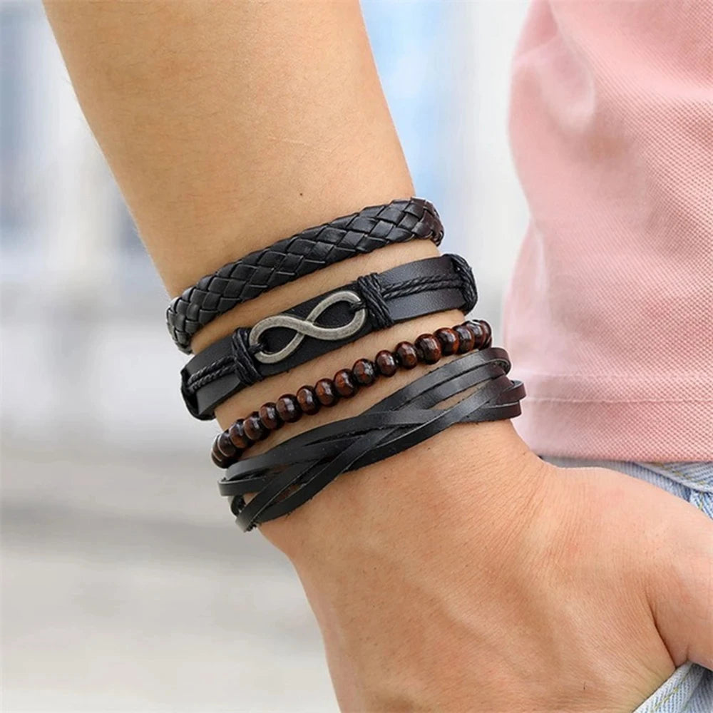 4Pcs/ Set Braided Wrap Leather Bracelets