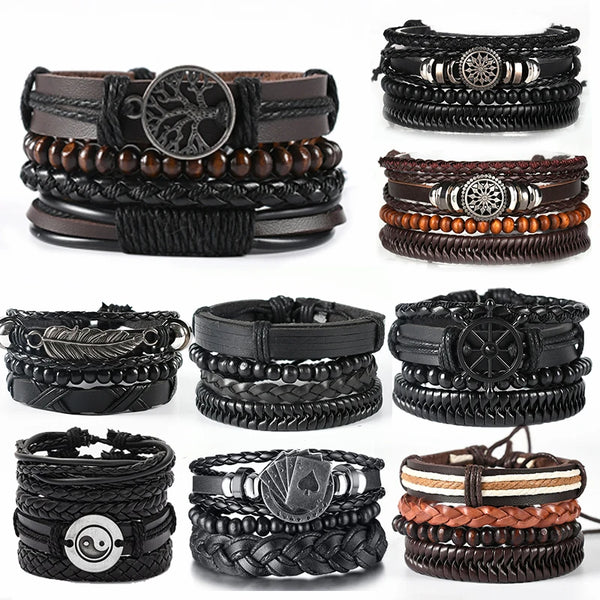 4Pcs/ Set Braided Wrap Leather Bracelets