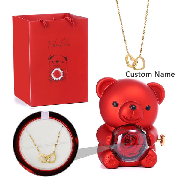 Custom Teddy Bear Gift Box-Rotating Eternal Rose Box with Necklace